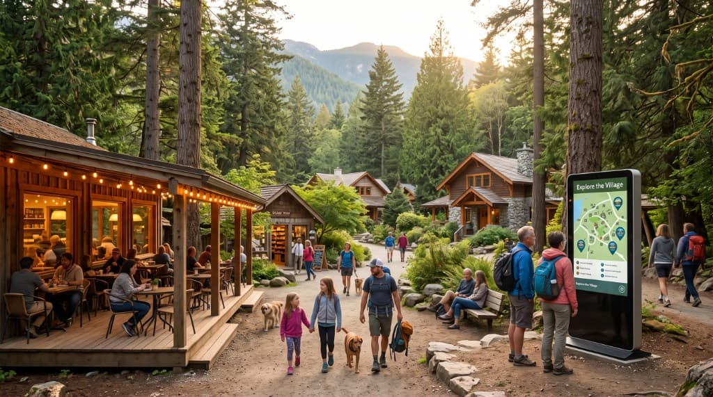 A forest village with wooden lodges, a cafe porch strung with lights, and people walking a dirt path.